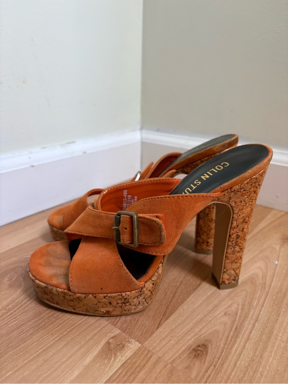 Colin Stuart Orange Suede Cork Platform Mules